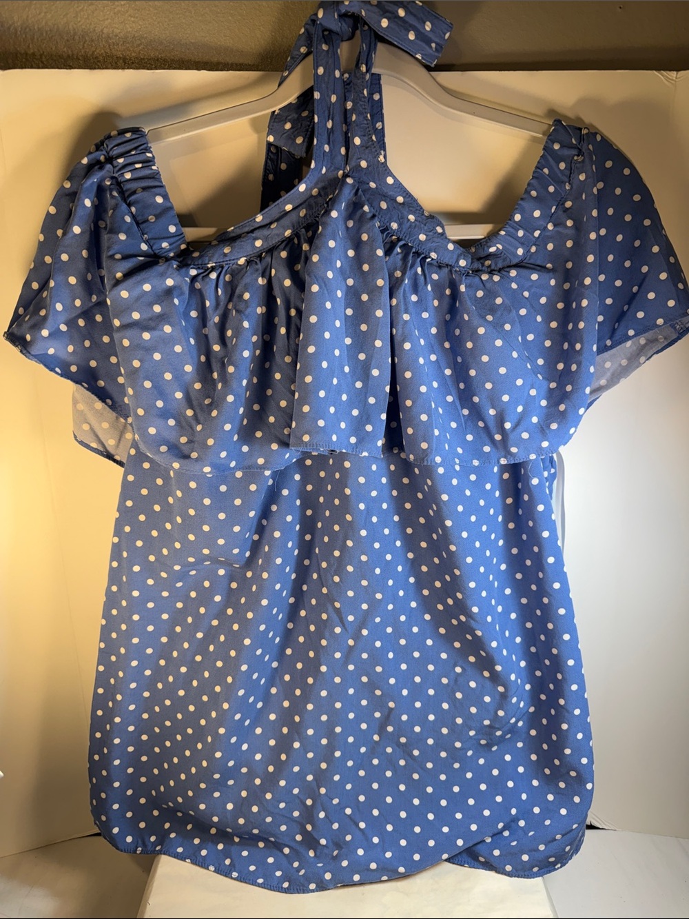 Blue Polka Dot Ruffle Off-Shoulder Blouse